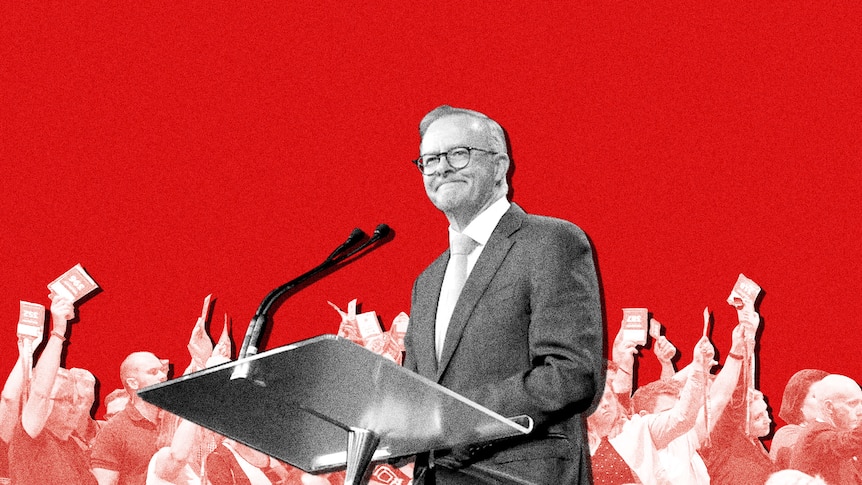 A computer-generated graphic of Anthony Albanese at a podium. Around him, a crowd of people hold up pamphlets.