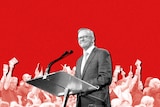 A computer-generated graphic of Anthony Albanese at a podium. Around him, a crowd of people hold up pamphlets.
