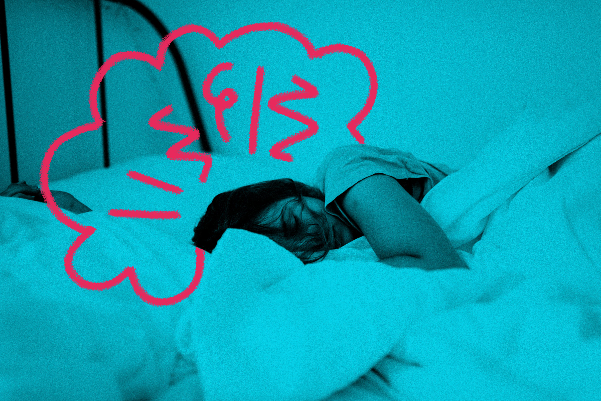 Woman lying in bed with thought cloud full of stress symbols above her head