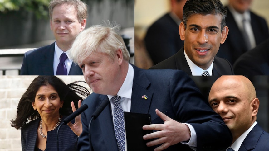 Boris Johnson overlaid over compilation of candidates in running to be British PM 