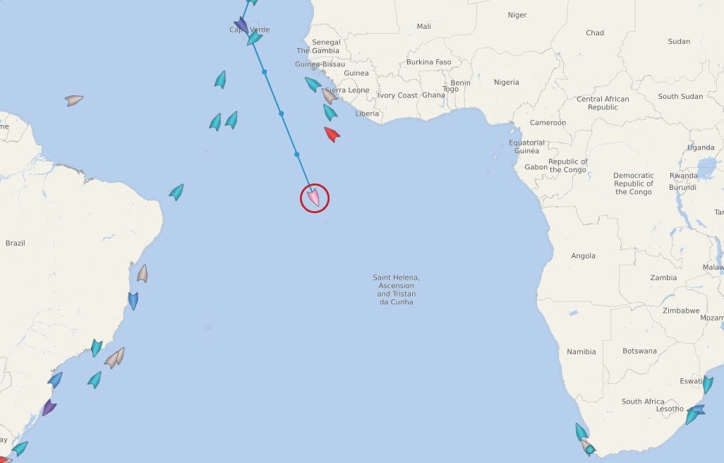 A map showing live tracking of ships, with Spirit of Tasmania V marked off the west coast of Africa.
