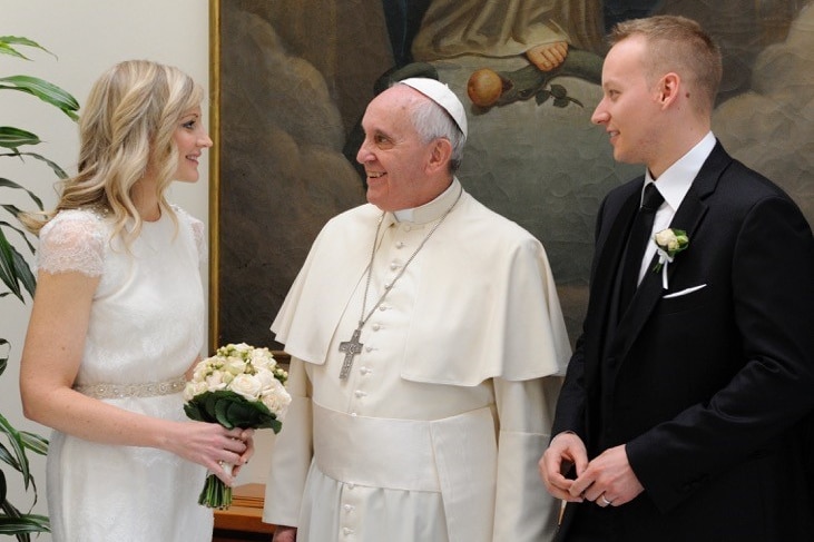 Joanne and Dominic Bergamin are congratulated by Pope Francis on their wedding day