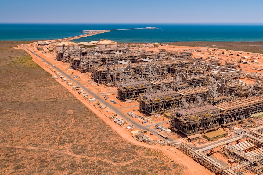 An aerial shot of the Gorgon gas project on the coast of Western Australia.