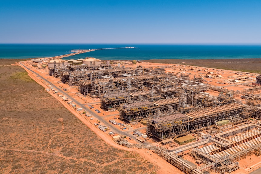 An aerial shot of the Gorgon gas project on the coast of Western Australia.