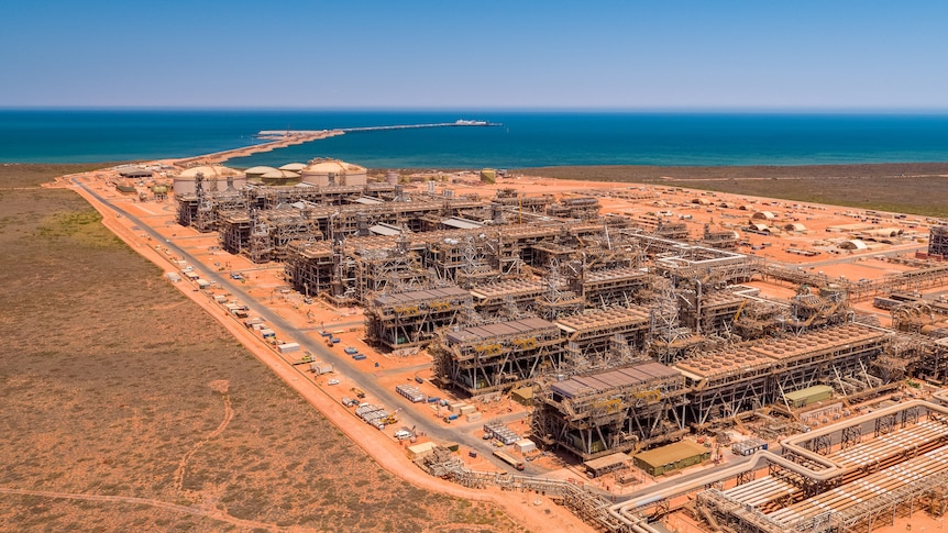 An aerial shot of the Gorgon gas project on the coast of Western Australia.