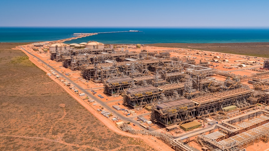 An aerial shot of the Gorgon gas project on the coast of Western Australia.