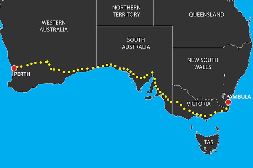 A map of Australia with dotted lines tracing a path from Perth in Western Australia to Pambula in New South Wales