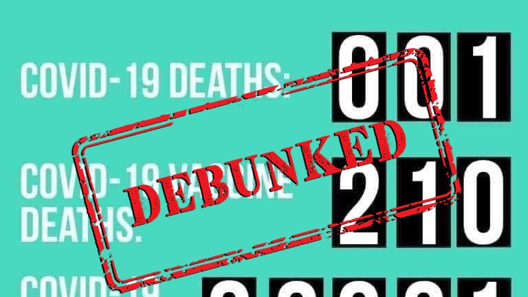 A green and black social media post with 'debunked' sign over numbers of vaccine deaths.