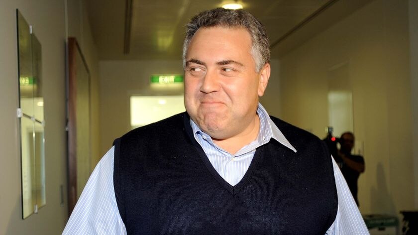 Joe Hockey, grinning and wearing a vest, arrives for a party meeting in Canberra, October 18, 2009.