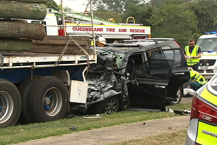 Wreckage of car that smashed into the back of a semi-trailer, which killed a 42-year-old teacher in the car.