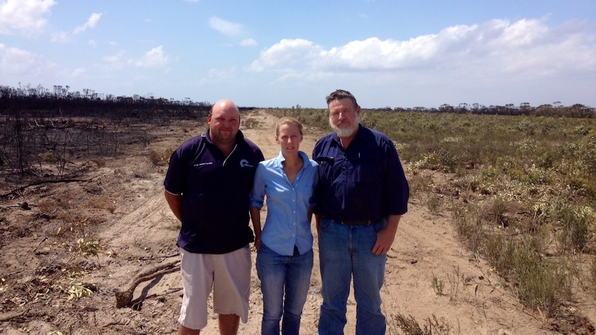 Two men and one woman stand on bare earth between burnt bush and green bushland