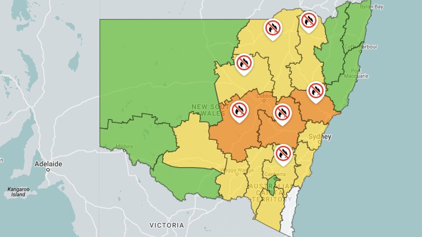Map of total fire bans in NSW Monday, March 6