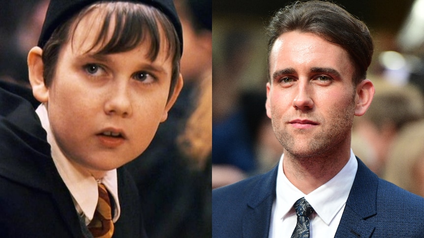 Matthew Lewis as a young Neville Longbottom (left) and in 2016. 