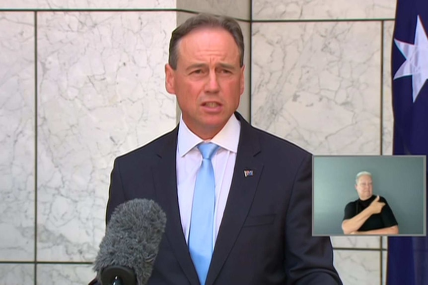 Greg Hunt, wearing a suit and pale blue tie, stands beside an Australian flag.