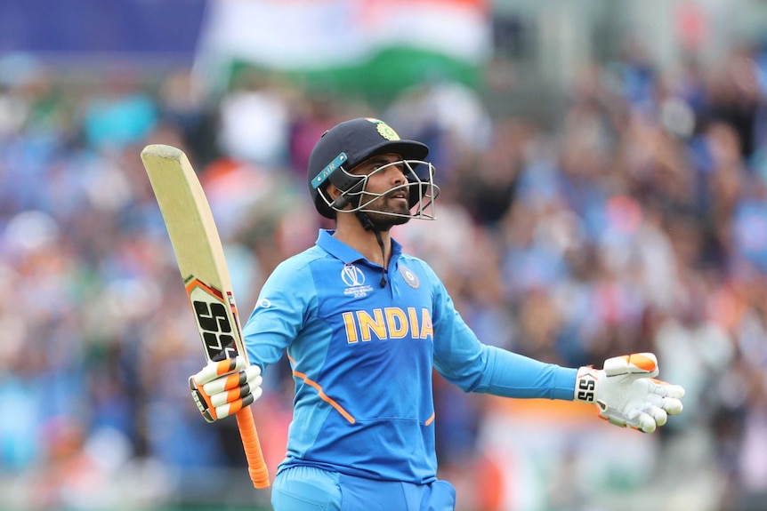 Ravindra Jadeja gestures to the crowd