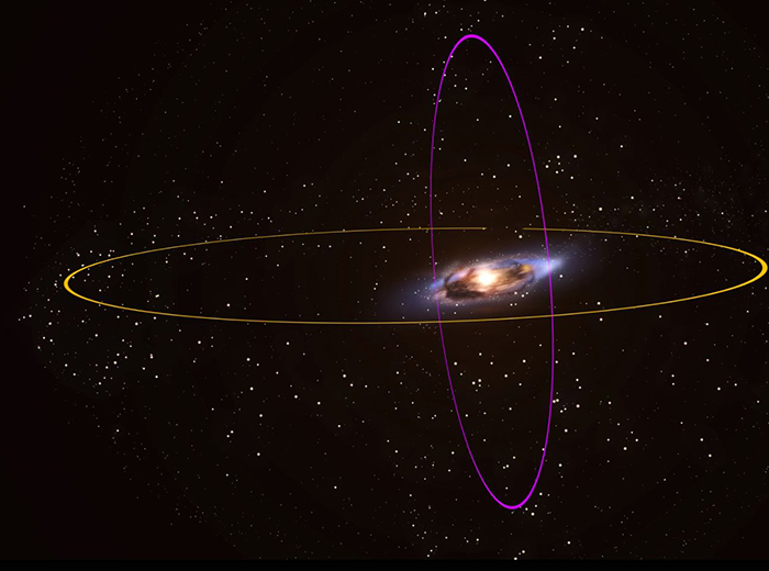 An illustration of the Andromeda galaxy and its two rings of orbiting star clusters.