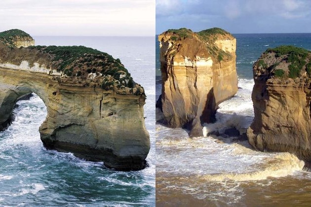 A before and after photo of the collapsed Island Archway.