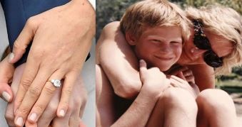 Meghan Markle's engagement ring and a photo of Princess Diana and Prince Harry.