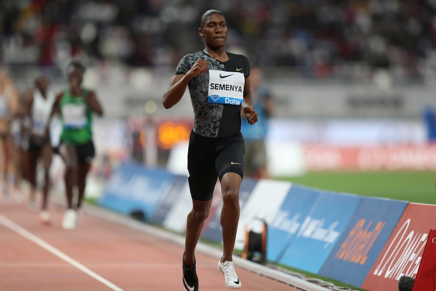 Caster Semenya from South Africa pictured running on a track.