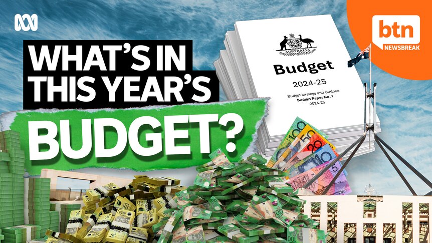 Piles of money, parliament house and a stack of papers with Budget 2024-25 written on it.