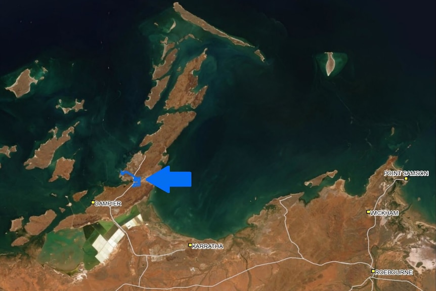 A satellite view of the Pilbara region, with a blue arrow pointing to a spot on the Burrup Peninsula.