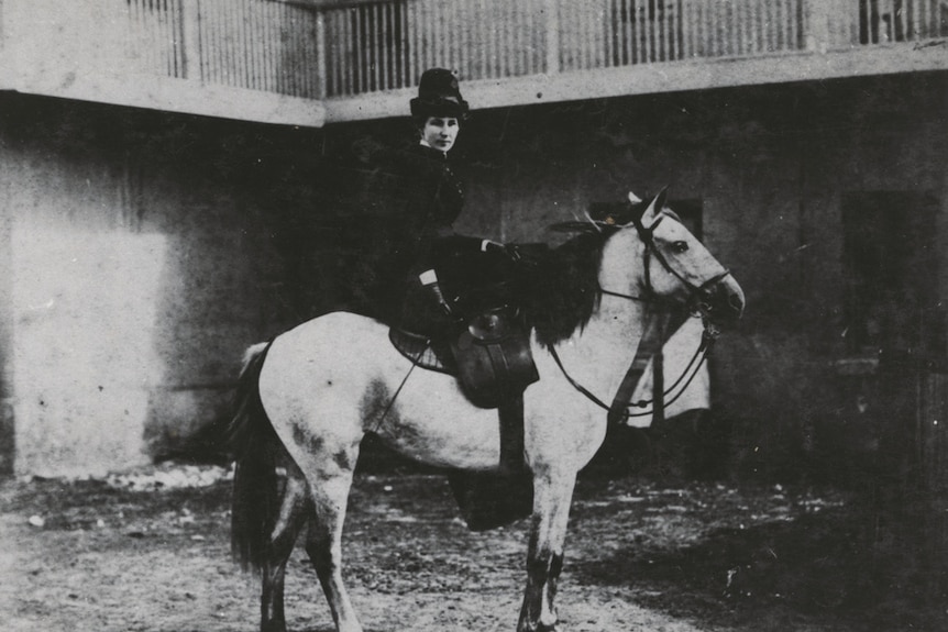 black and white photo of young woman on white horse riding side saddle