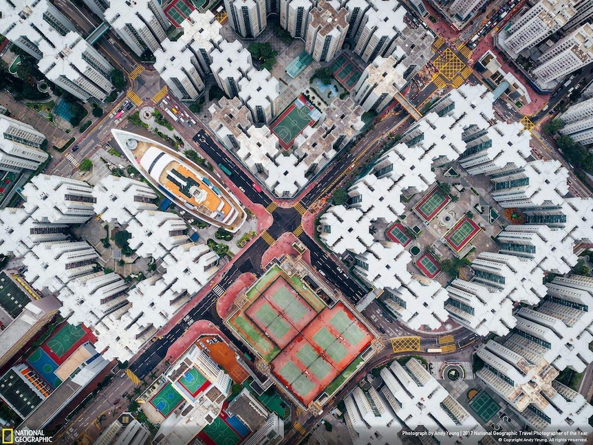 An aerial view of high-rise buildings