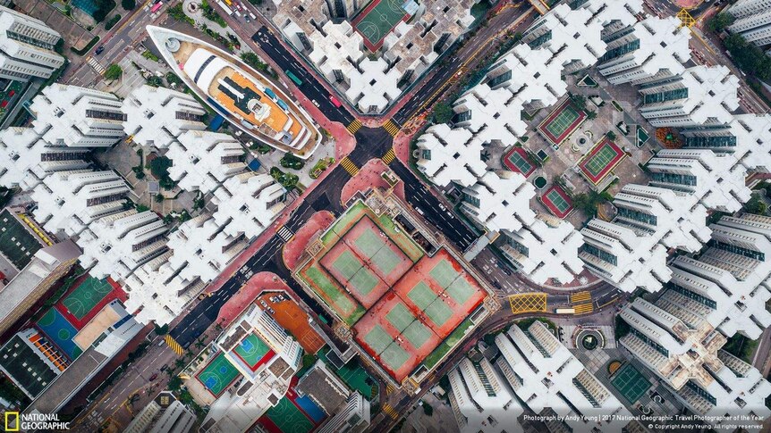 An aerial view of high-rise buildings