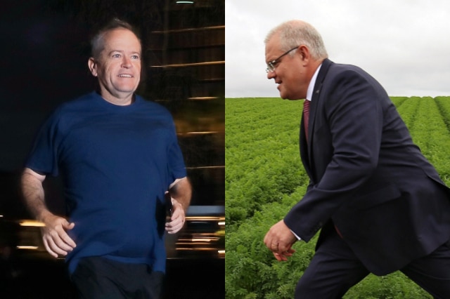 A split image shows Bill Shorten running in the dark and Scott Morrison walking into a dirt patch in the middle of a field.