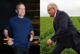 A split image shows Bill Shorten running in the dark and Scott Morrison walking into a dirt patch in the middle of a field.