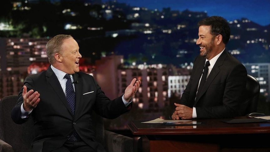 Jimmy Kimmel and Sean Spicer share a laugh together