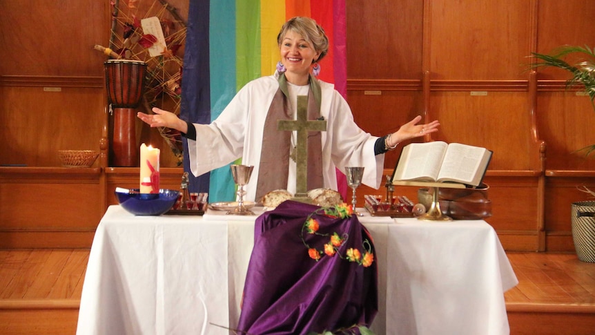 Reverend Alexandra Sangster leads a service at St Andrews Uniting Church in Fairfield.