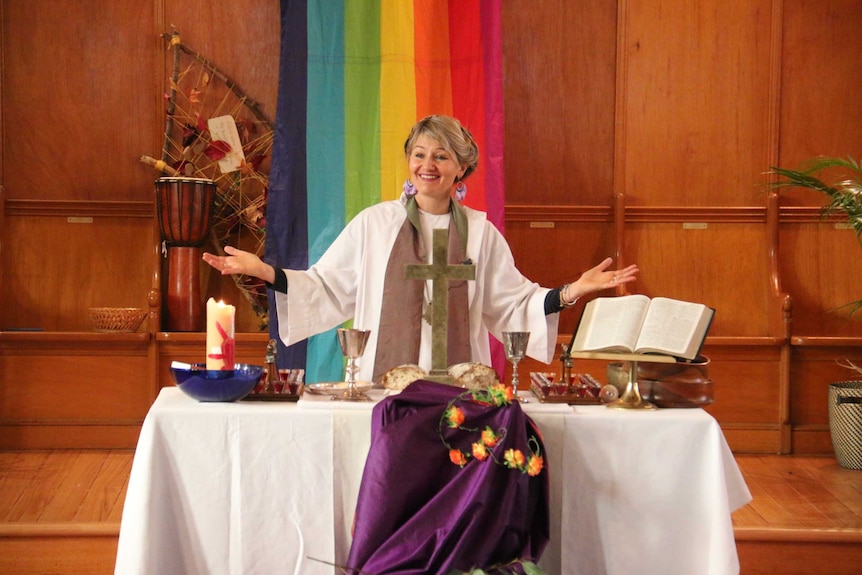 Reverend Alexandra Sangster leads a service at St Andrews Uniting Church in Fairfield.