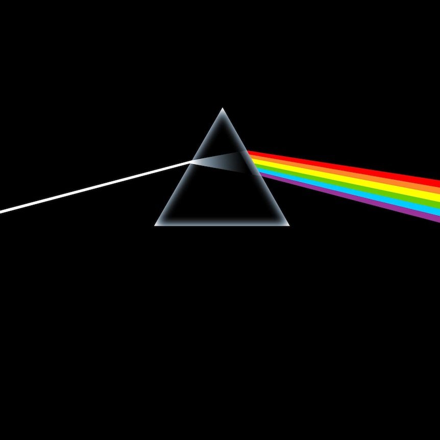 The cover of Pink Floyd's Dark Side of the Moon album, featuring light refracting through a prism