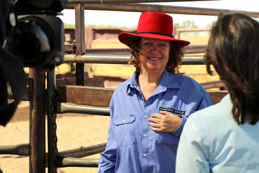 Gina Rinehart sourit devant des enclos à bétail