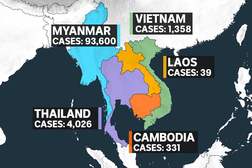 A map showing showing Cambodia, Vietnam, Thailand, Laos, Myanmar and how many cases in each country.