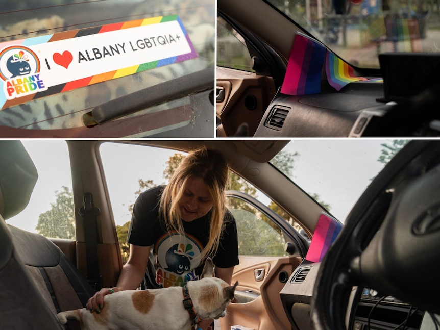 a person putting a dog into a car full of rainbows