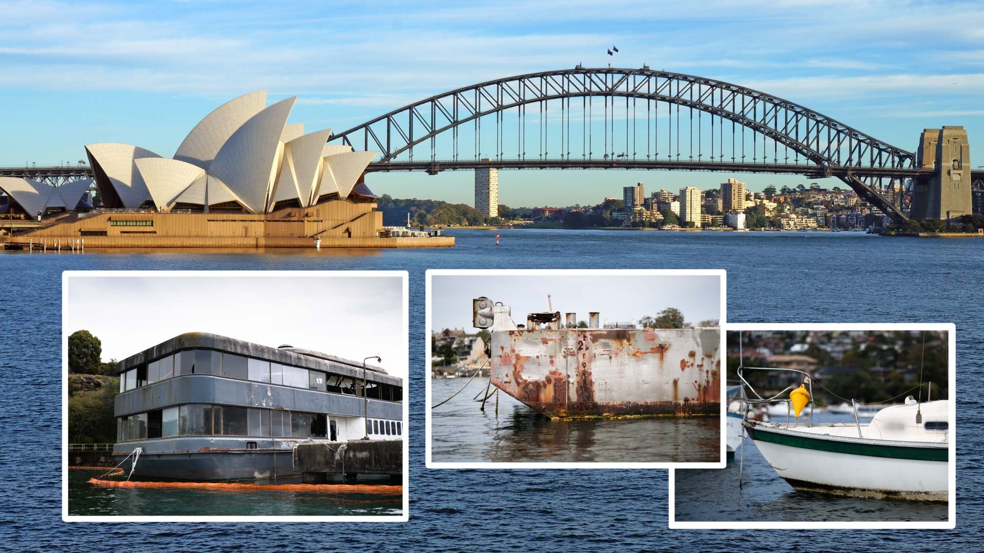 A picture of Sydney Harbour with images of derelict boats and a barge in the foreground.