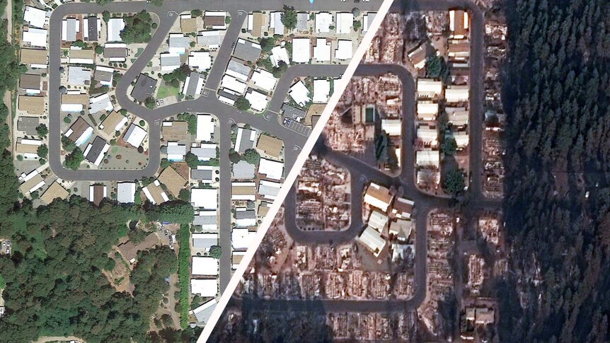 A composite satellite image shows buildings in Paradise California untouched, and completely destroyed by the fire.