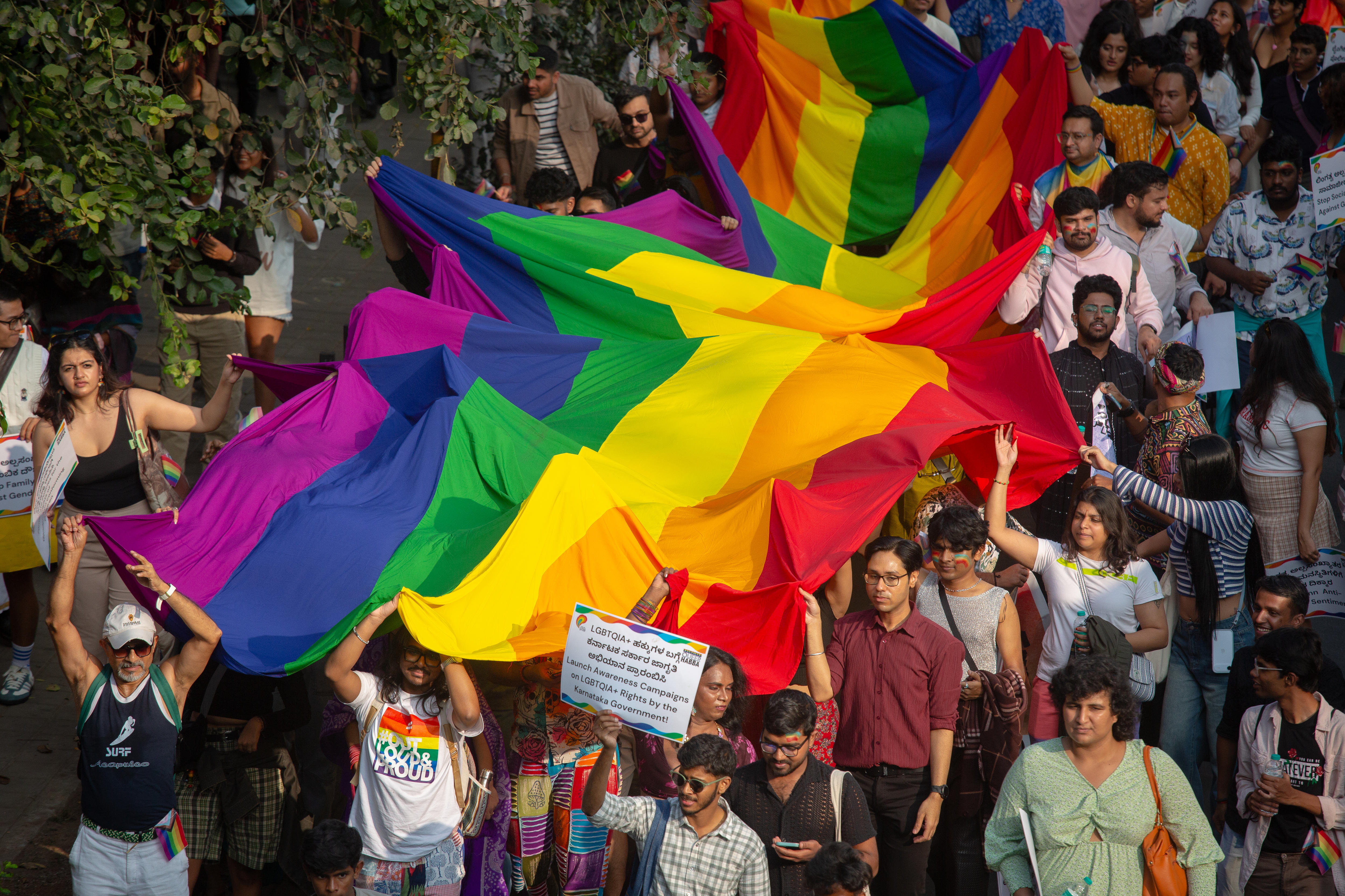 La multitud sostiene una bandera arcoíris gigante durante un desfile del orgullo gay en Begaluru, India.