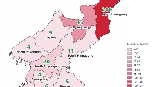 A map showing different grades of red for reports of state sanctioned killings by province in North Korea.