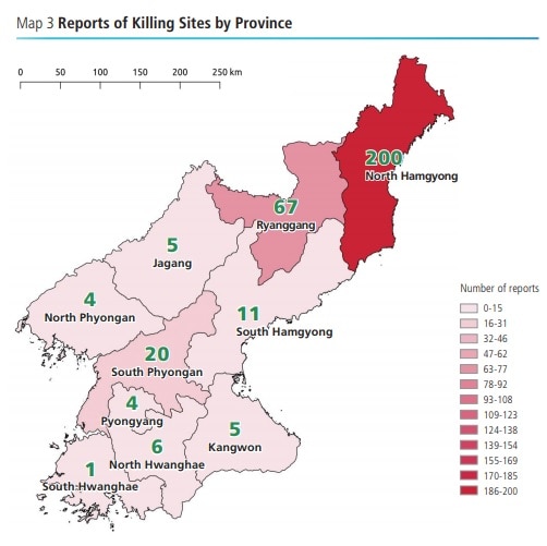 A map showing different grades of red for reports of state sanctioned killings by province in North Korea.