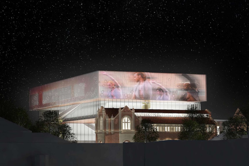 An artist's impression of the proposed new WA Museum in Perth at night, with the exterior used to project images.