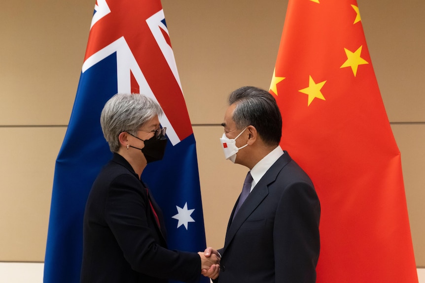 一男一女戴着口罩在中澳两国国旗前握手。