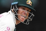 David Warner leans forward and points his bat out in front of him to start running as he watches a cricket ball