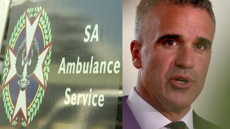 collage of SA Ambulance logo and close up of man's face wearing a suit