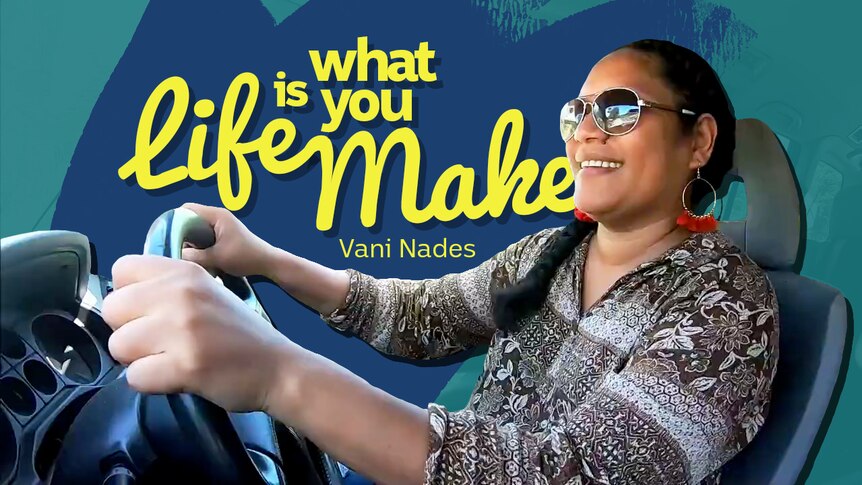 Vani smiles as she drives a car wearing sunglasses. Quote in background Life is what you make.