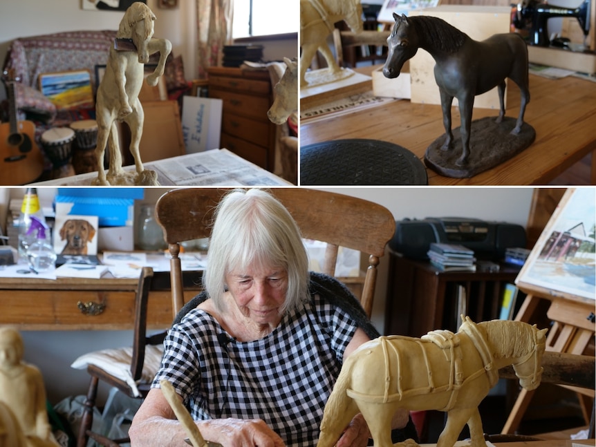 Three images, two of horse sculptures and one of a  woman working on her horse sculptures