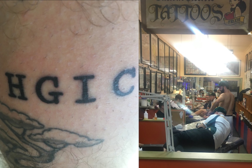 A composite image of the letters H G I C on a man's leg, and several people getting tattoos.
