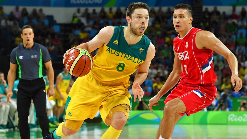 Matthew Dellavedova competes against Serbia during the Rio Olympic Games.